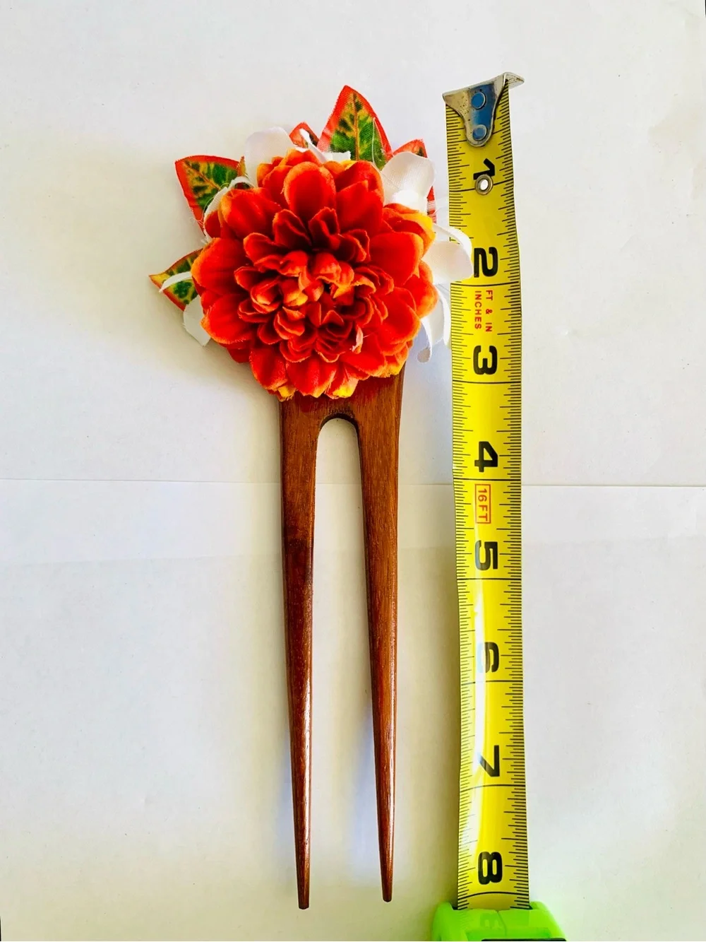 Hawaiian Floral Hair Stick 🌺 Red Flower Kanzashi Wood 8” Hula Luau New Unused - Picture 4 of 5